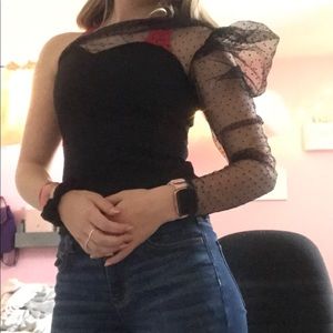 Adorable black shirt with puff sleeve and heart neckline